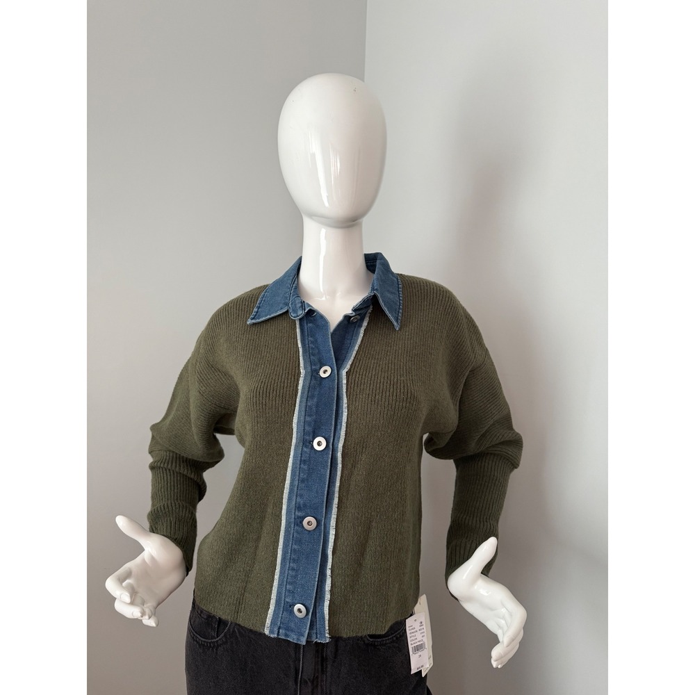 Commense Panel Breasted Stretch Lapel Knit Top Olive Green size M - Picture 2 of 9